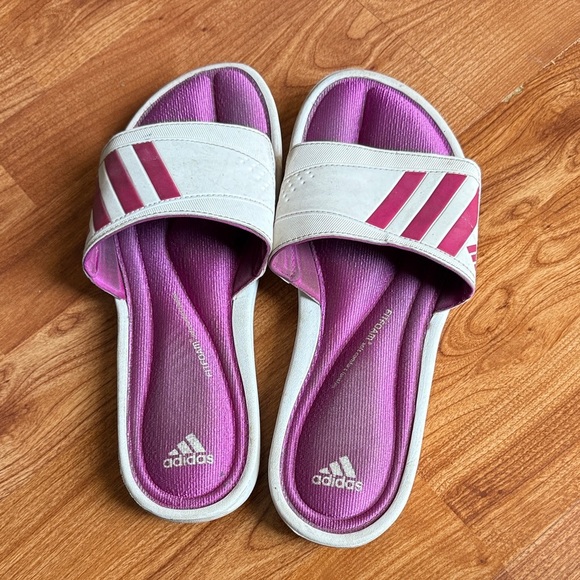 Adidas Women's Pink and White Slide Sandals Sporty Size 9 Logo Used Slip On - Picture 1 of 5